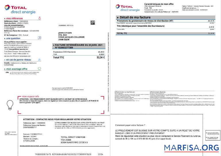 Realistic France Total Direct Energie utility bill example
